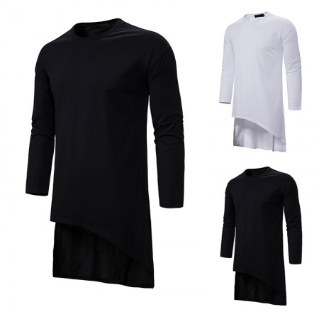 Round Neck Long T-Shirt Men's Loose Dark Trend Irregular Hem Men's Long-Sleeved T-Shirt