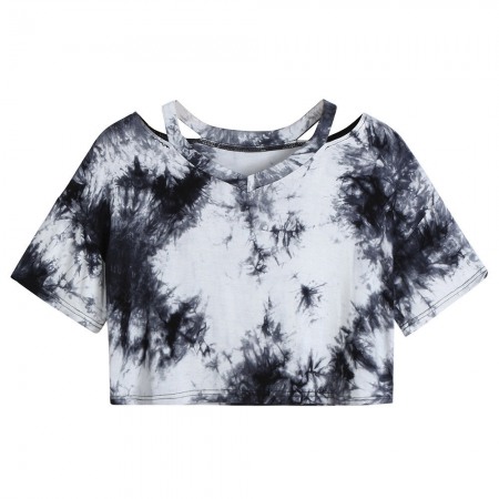 Ink Printing Gradient Mercerized Cotton V-Neck Short T-Shirt