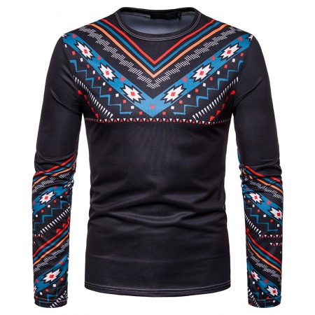 Men's Personality Clan Style Print Round Neck Long Sleeve T-Shirt