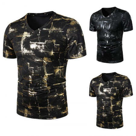 Summer Men's Nightclub Bar Fashion Casual Hot Stamping Printing Short-Sleeved Printed T-Shirt